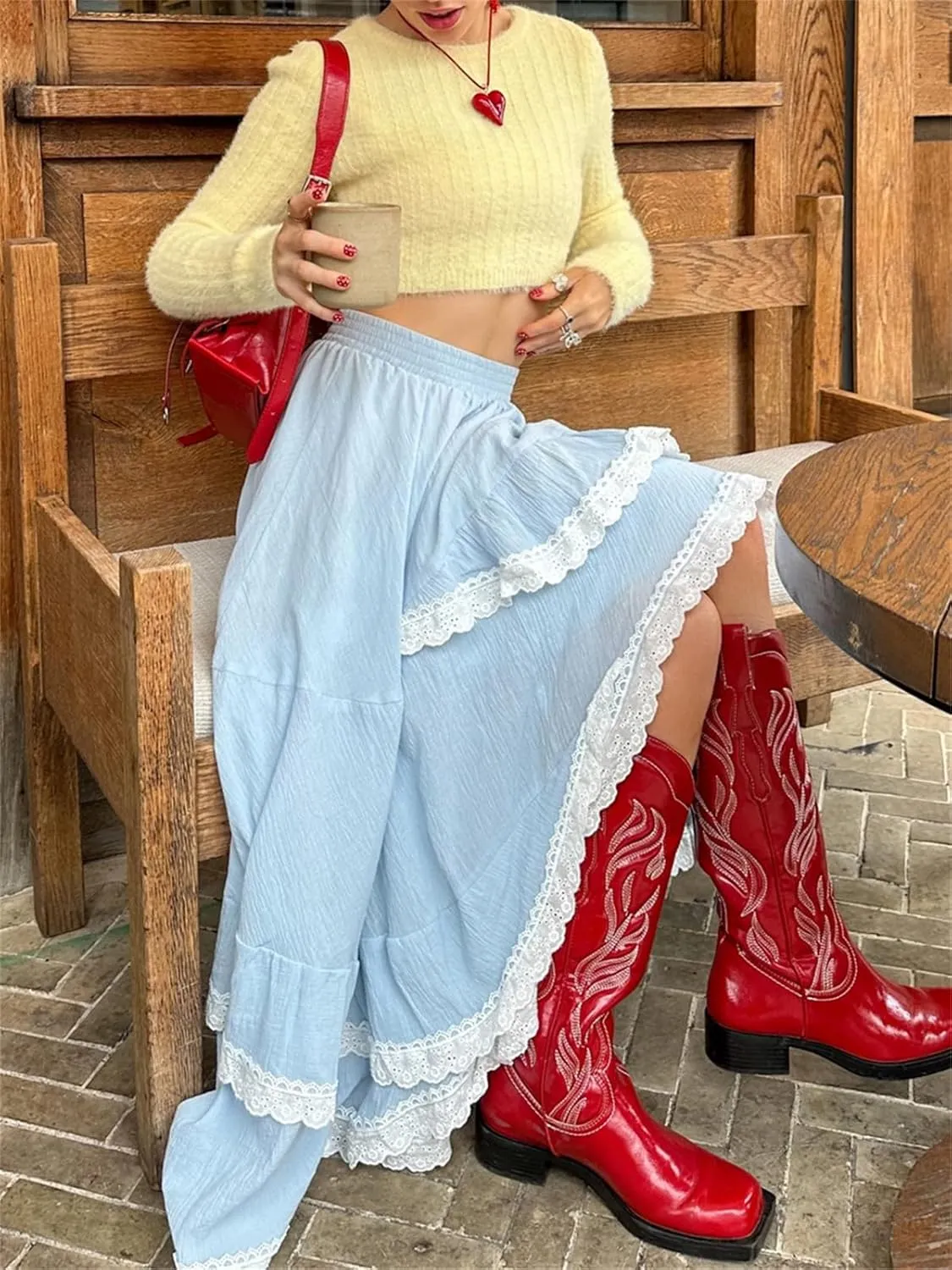 Women's Asymmetrical Layered Skirt Y2K Tiered Lace Trim Elastic High Waist A-Line Skirt for Summer Going Out Outfit