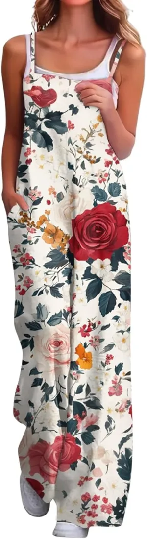 Womens Boho Jumpsuits Summer Casual Wide Leg Floral Print Overalls Loose Fit Spaghetti Strap Rompers
