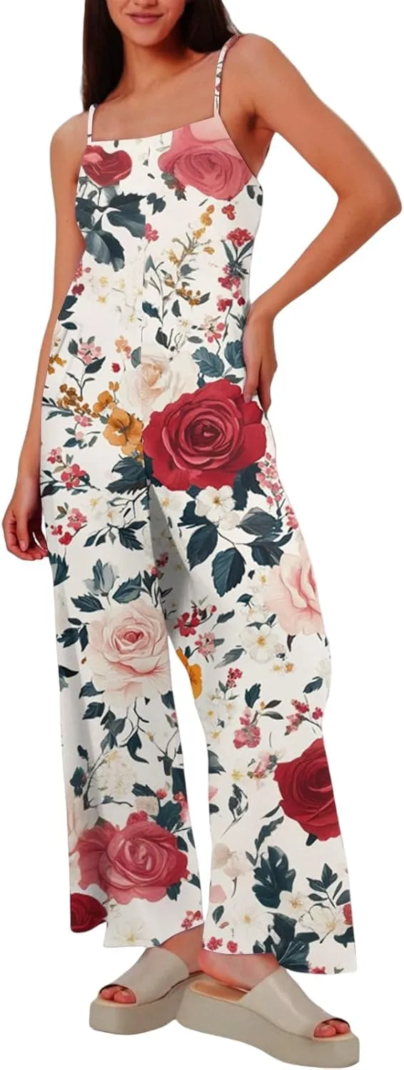 Womens Boho Jumpsuits Summer Casual Wide Leg Floral Print Overalls Loose Fit Spaghetti Strap Rompers