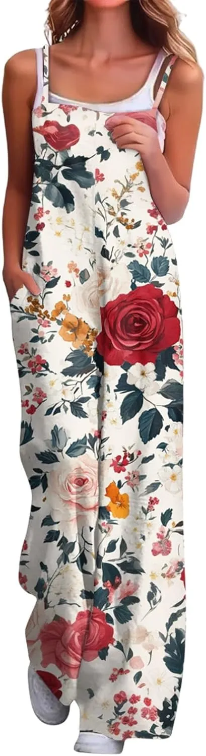 Womens Boho Jumpsuits Summer Casual Wide Leg Floral Print Overalls Loose Fit Spaghetti Strap Rompers