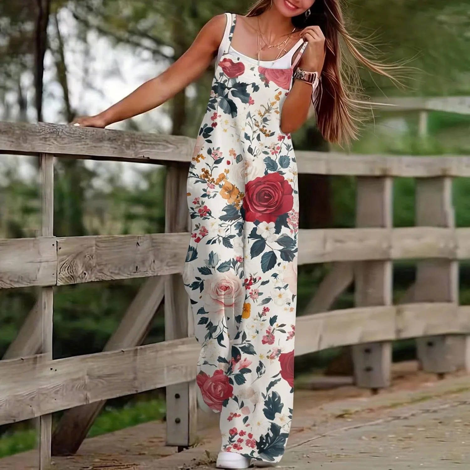 Womens Boho Jumpsuits Summer Casual Wide Leg Floral Print Overalls Loose Fit Spaghetti Strap Rompers