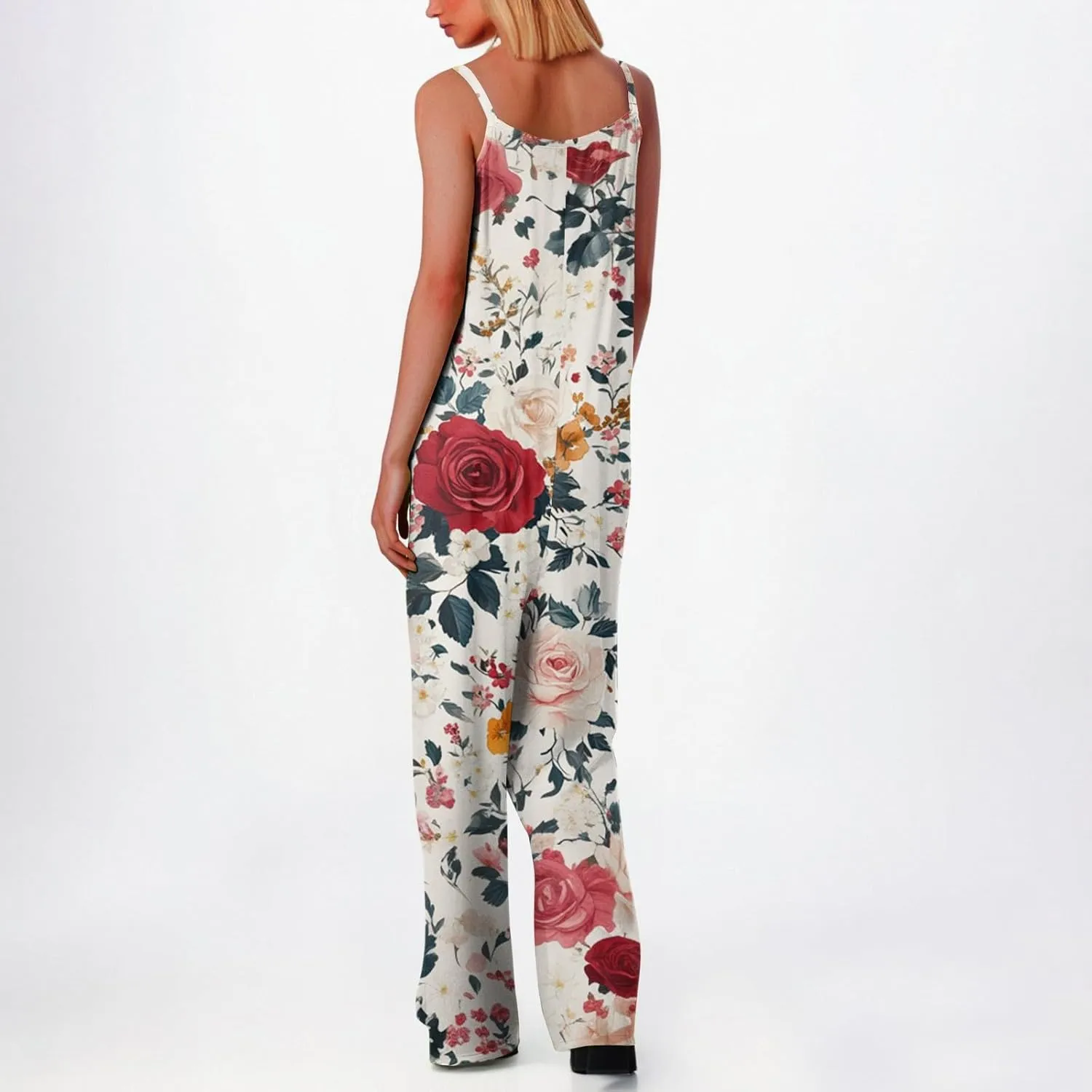 Womens Boho Jumpsuits Summer Casual Wide Leg Floral Print Overalls Loose Fit Spaghetti Strap Rompers