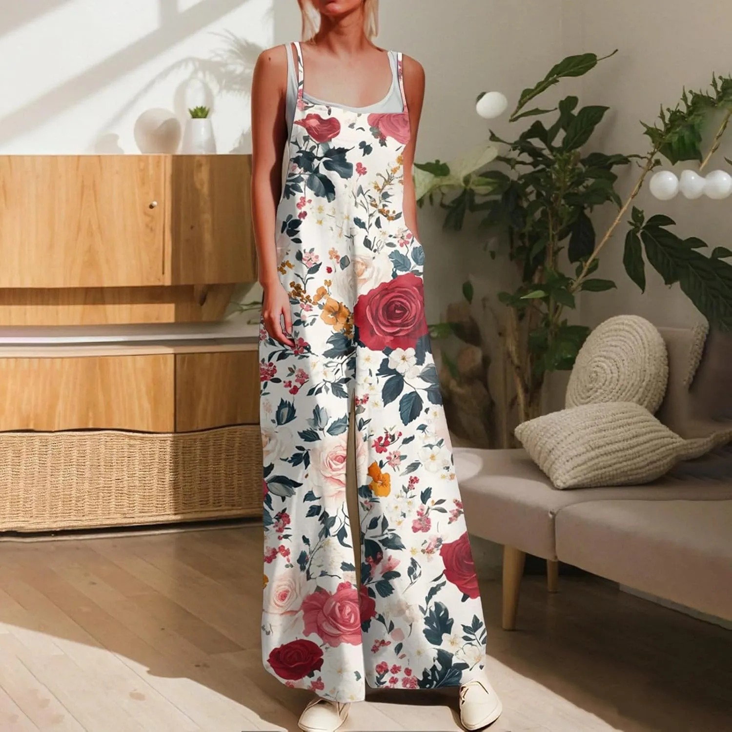 Womens Boho Jumpsuits Summer Casual Wide Leg Floral Print Overalls Loose Fit Spaghetti Strap Rompers