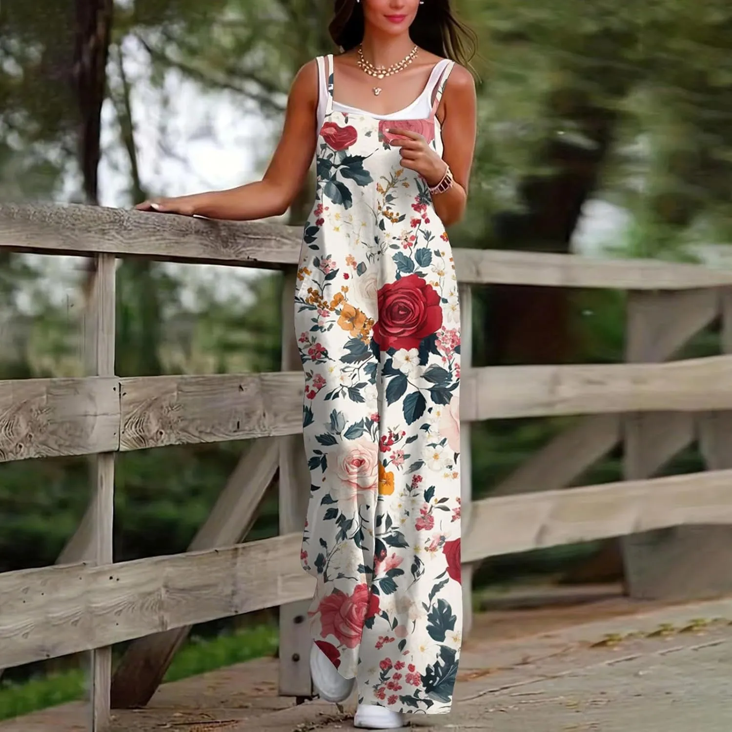 Womens Boho Jumpsuits Summer Casual Wide Leg Floral Print Overalls Loose Fit Spaghetti Strap Rompers
