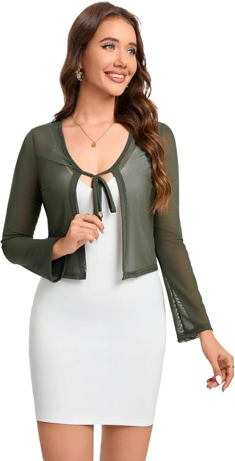 Women's Bolero Sheer Shrug Tie Front Crop Cardigan Lightweight Stretch Long Sleeve Summer Cover Up S-2XL