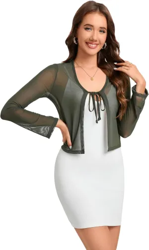 Women's Bolero Sheer Shrug Tie Front Crop Cardigan Lightweight Stretch Long Sleeve Summer Cover Up S-2XL
