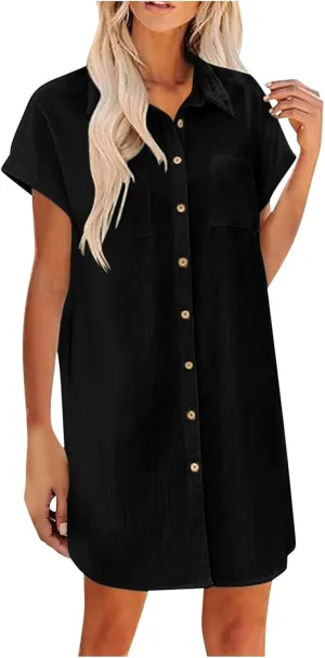 Women's Button Front Swimsuit Coverup Casual Beachwear Short Sleeve Collared Beach Shirt Dress with Pocket