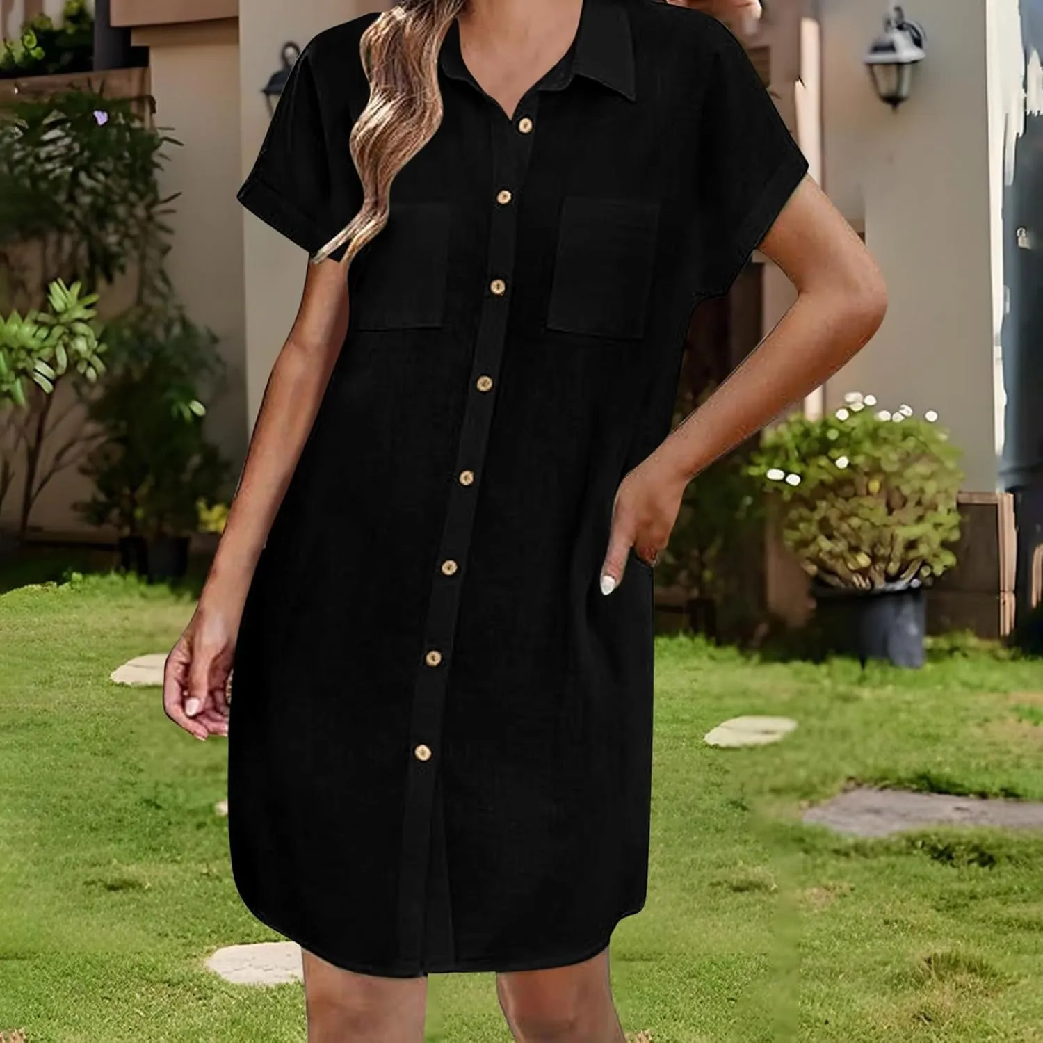 Women's Button Front Swimsuit Coverup Casual Beachwear Short Sleeve Collared Beach Shirt Dress with Pocket