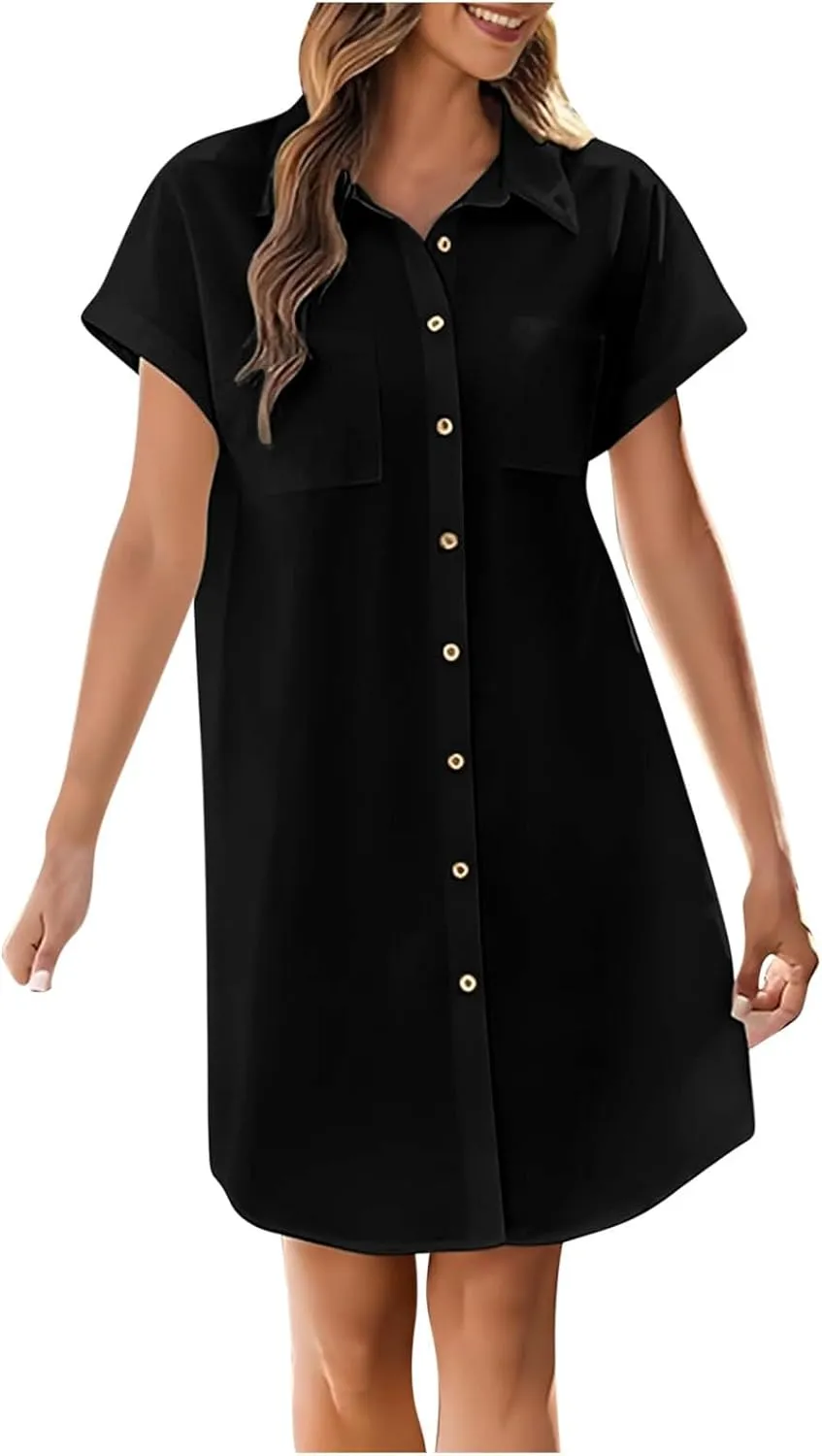 Women's Button Front Swimsuit Coverup Casual Beachwear Short Sleeve Collared Beach Shirt Dress with Pocket