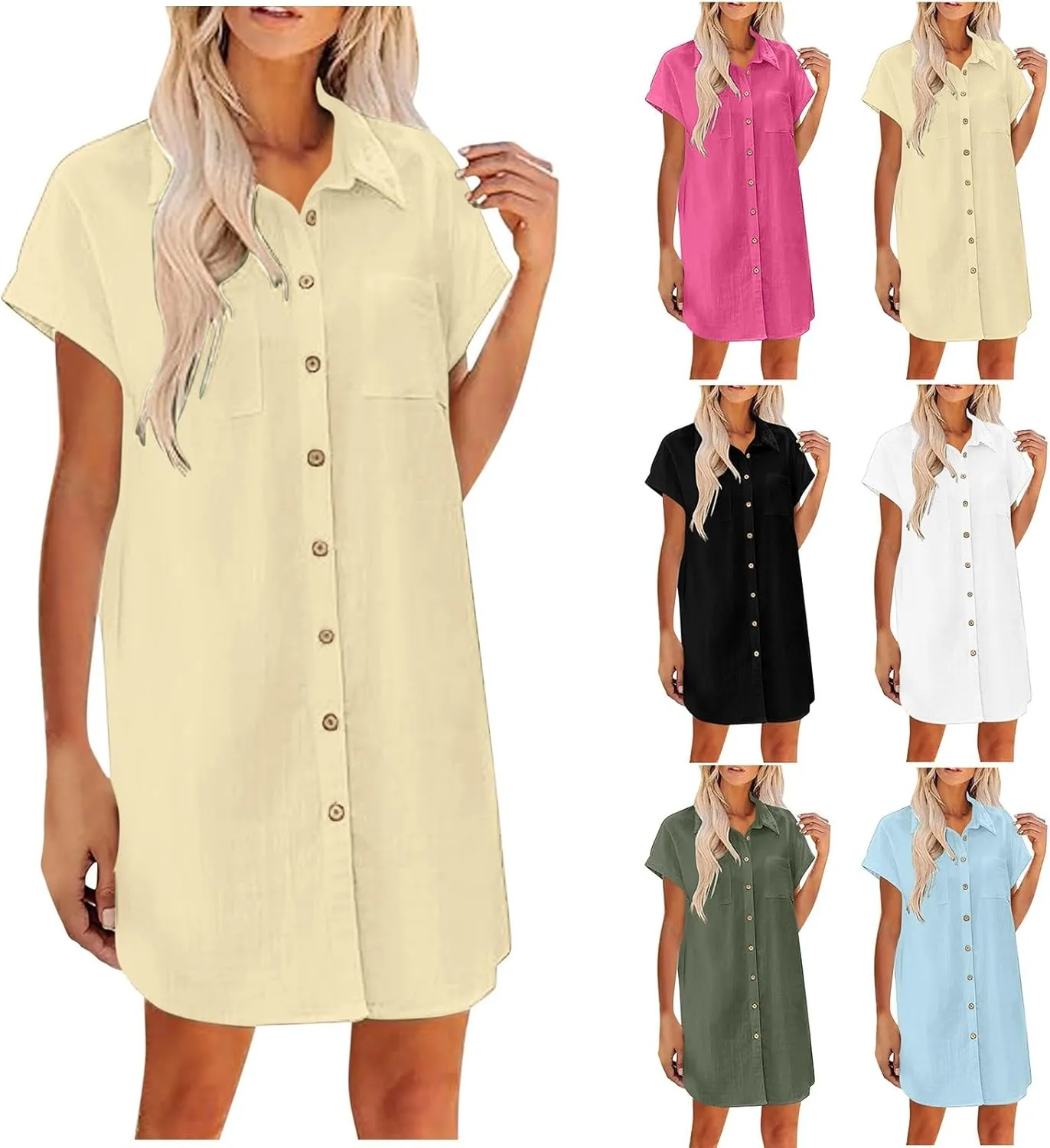 Women's Button Front Swimsuit Coverup Casual Beachwear Short Sleeve Collared Beach Shirt Dress with Pocket