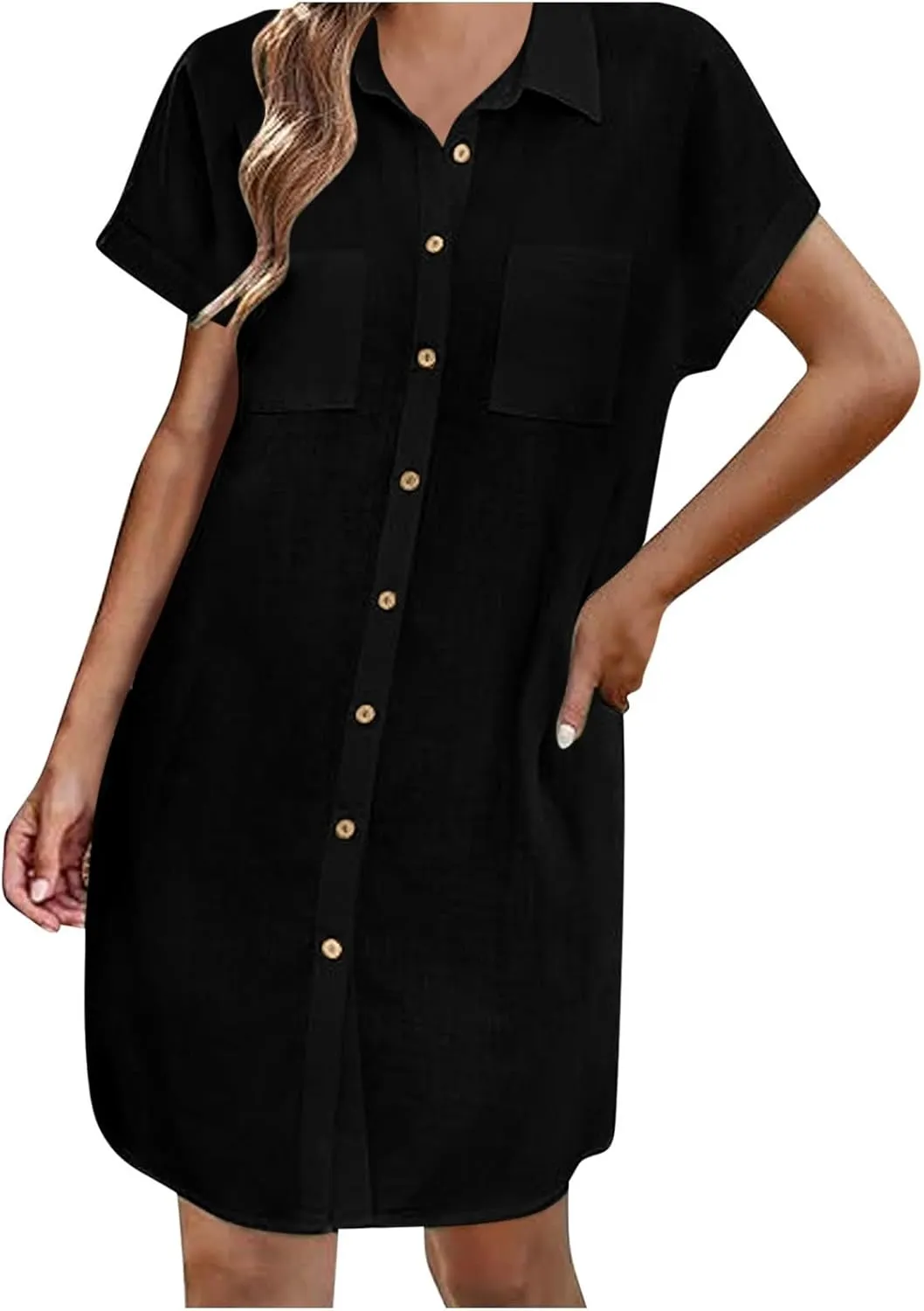 Women's Button Front Swimsuit Coverup Casual Beachwear Short Sleeve Collared Beach Shirt Dress with Pocket