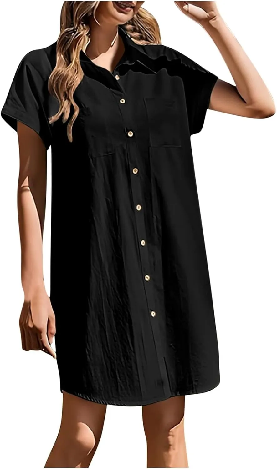 Women's Button Front Swimsuit Coverup Casual Beachwear Short Sleeve Collared Beach Shirt Dress with Pocket