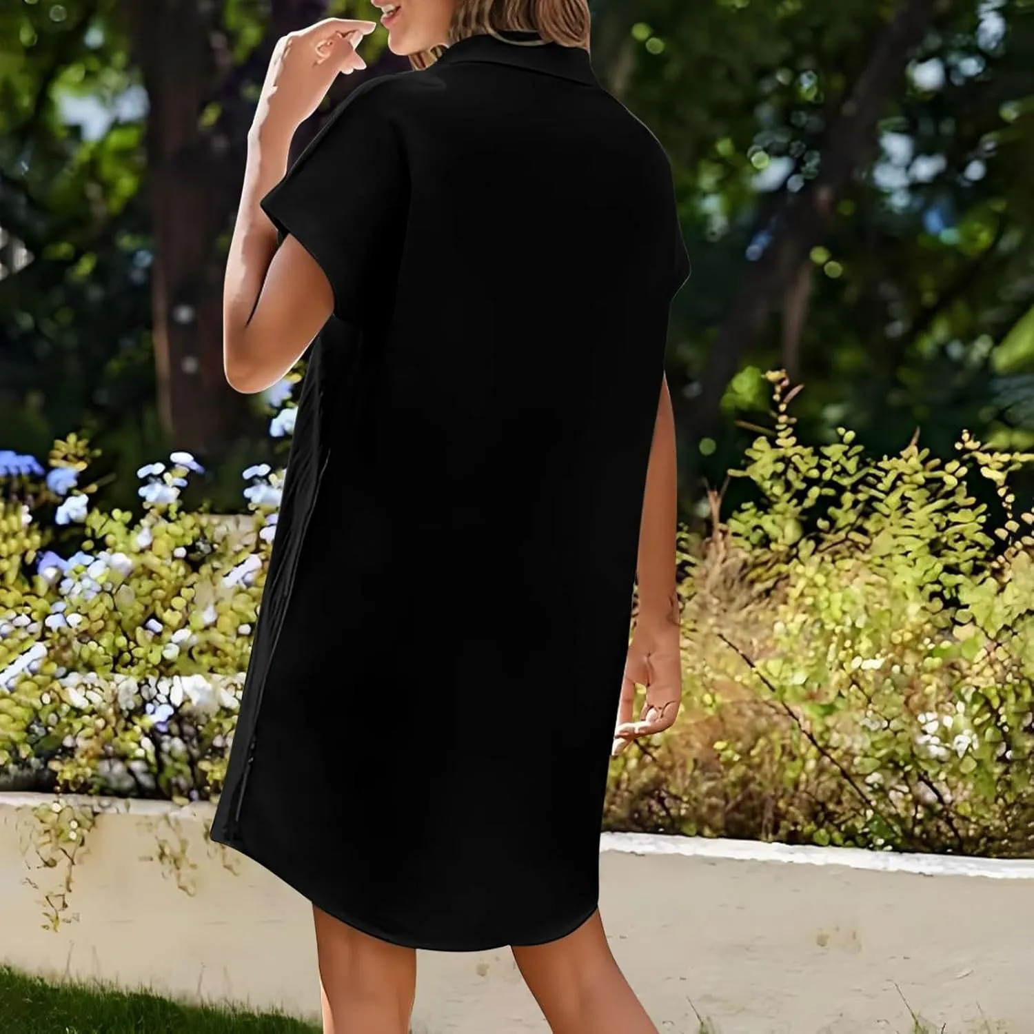 Women's Button Front Swimsuit Coverup Casual Beachwear Short Sleeve Collared Beach Shirt Dress with Pocket