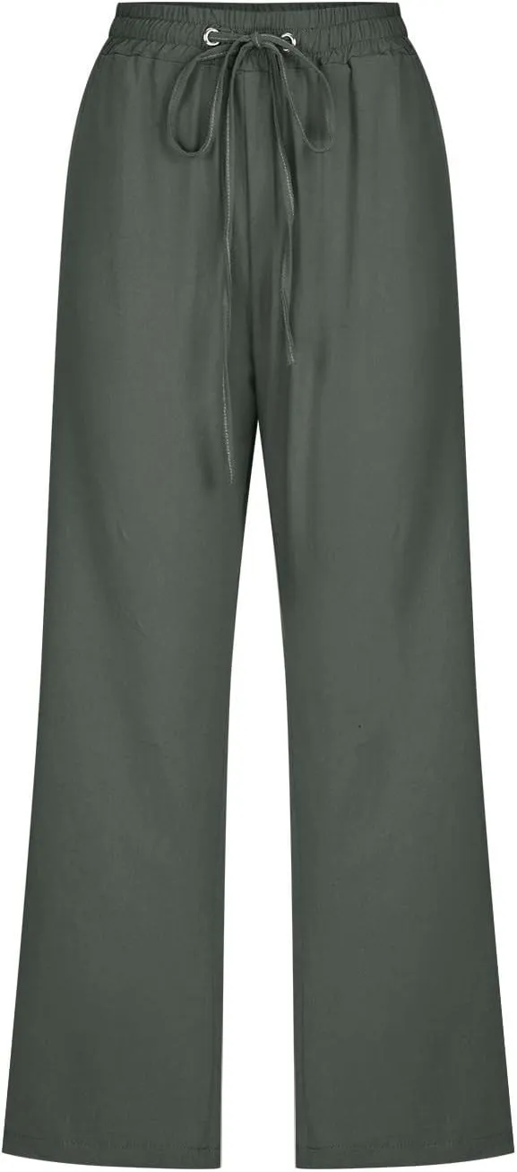 Womens Capri Pants Summer Cotton Linen Casual Pants Elastic Waist Beach Vacation Lounge Cropped Pants with Pockets