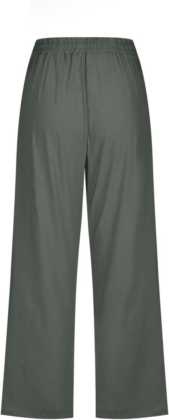 Womens Capri Pants Summer Cotton Linen Casual Pants Elastic Waist Beach Vacation Lounge Cropped Pants with Pockets