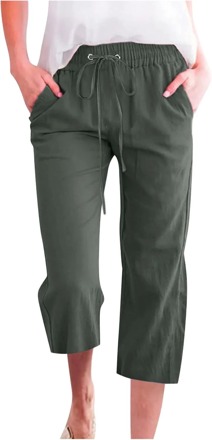 Womens Capri Pants Summer Cotton Linen Casual Pants Elastic Waist Beach Vacation Lounge Cropped Pants with Pockets
