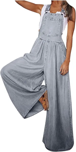 Women's Casual Denim Bib Overalls Loose Sleeveless Adjustable Strap Baggy Wide Leg Jeans Jumpsuits Rompers with Pockets