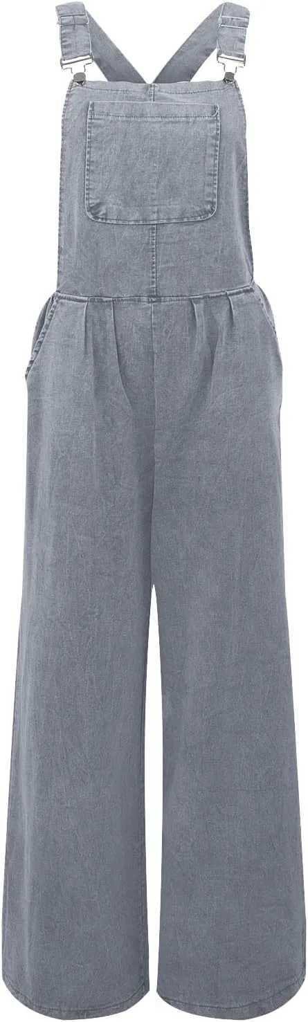 Women's Casual Denim Bib Overalls Loose Sleeveless Adjustable Strap Baggy Wide Leg Jeans Jumpsuits Rompers with Pockets