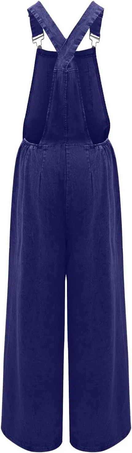 Women's Casual Denim Bib Overalls Loose Sleeveless Adjustable Strap Baggy Wide Leg Jeans Jumpsuits Rompers with Pockets
