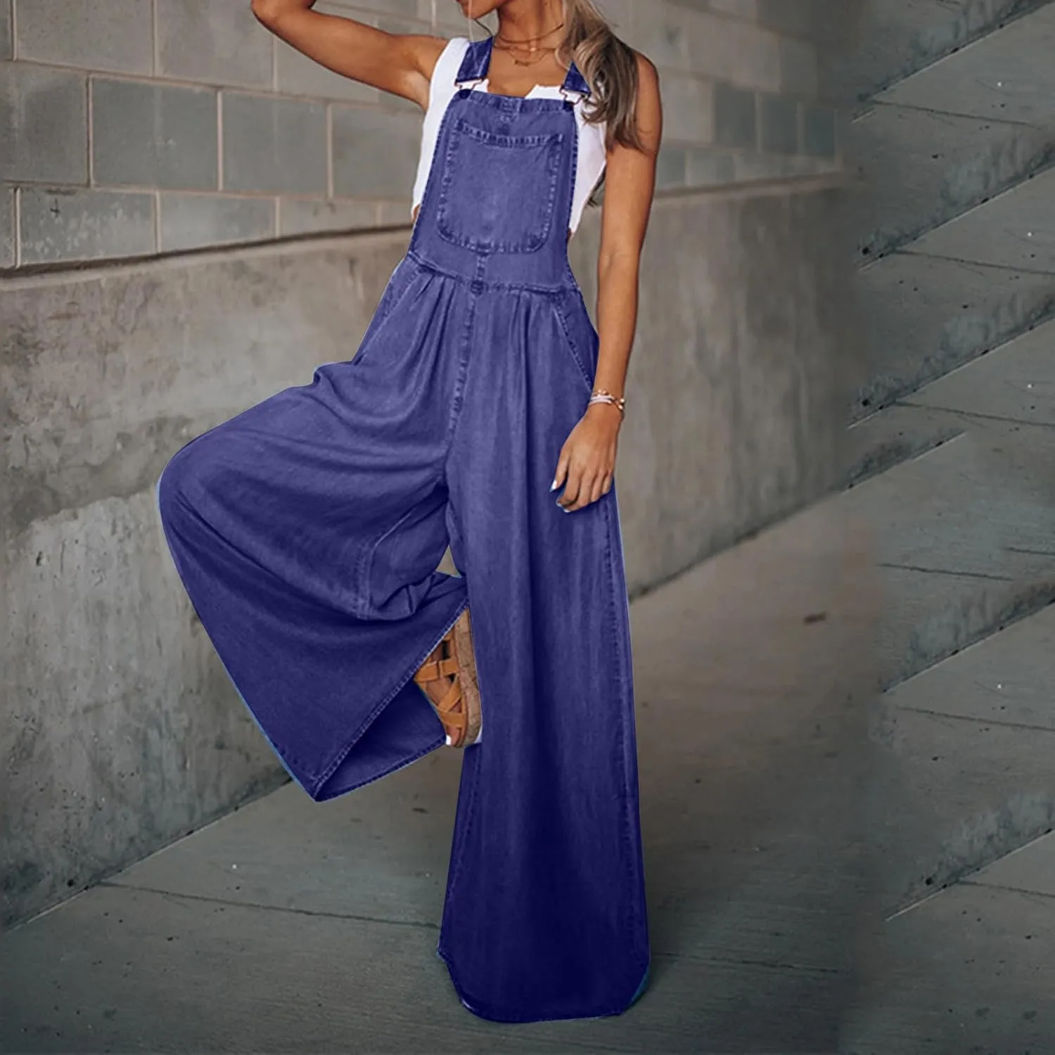 Women's Casual Denim Bib Overalls Loose Sleeveless Adjustable Strap Baggy Wide Leg Jeans Jumpsuits Rompers with Pockets