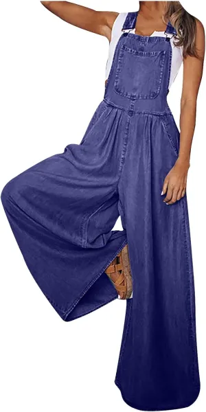 Women's Casual Denim Bib Overalls Loose Sleeveless Adjustable Strap Baggy Wide Leg Jeans Jumpsuits Rompers with Pockets