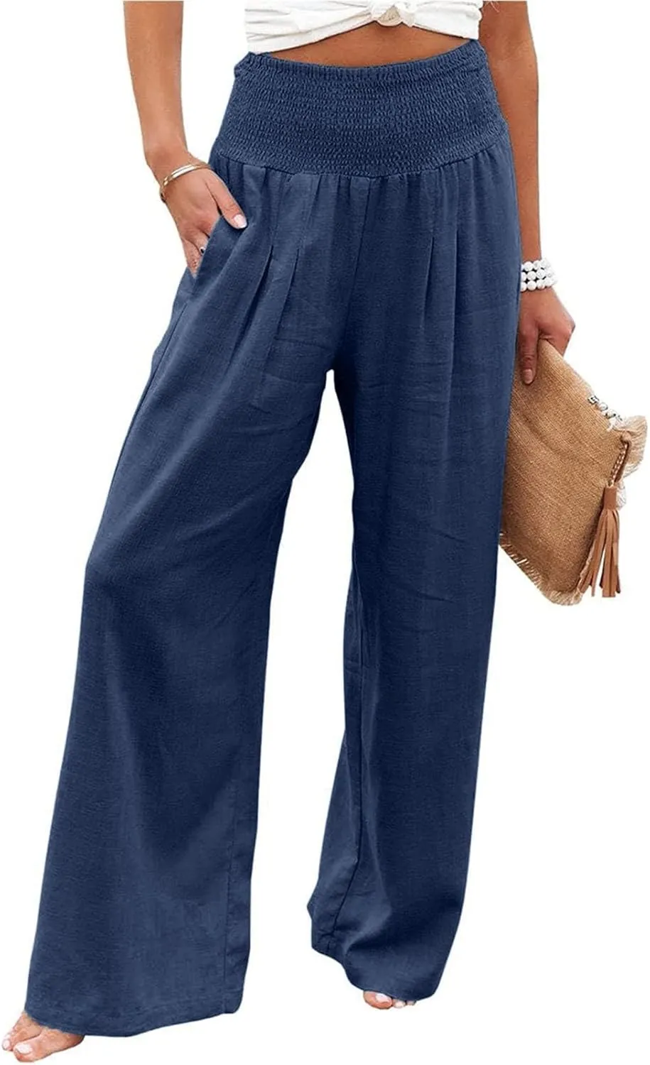 Womens Casual Linen Wide Leg Pants - Flowy Summer Beach Cotton Trousers with Pockets