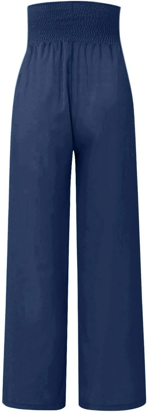 Womens Casual Linen Wide Leg Pants - Flowy Summer Beach Cotton Trousers with Pockets