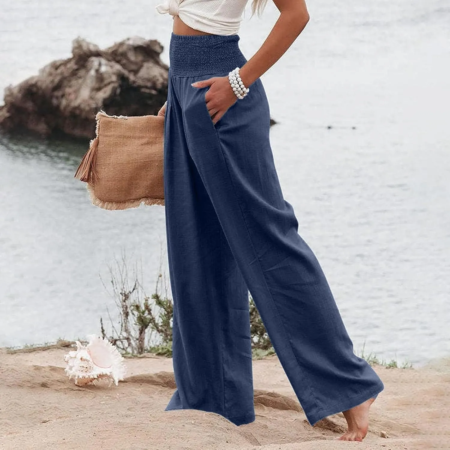 Womens Casual Linen Wide Leg Pants - Flowy Summer Beach Cotton Trousers with Pockets