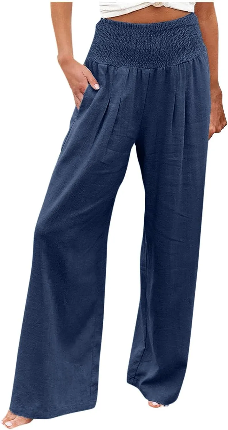 Womens Casual Linen Wide Leg Pants - Flowy Summer Beach Cotton Trousers with Pockets