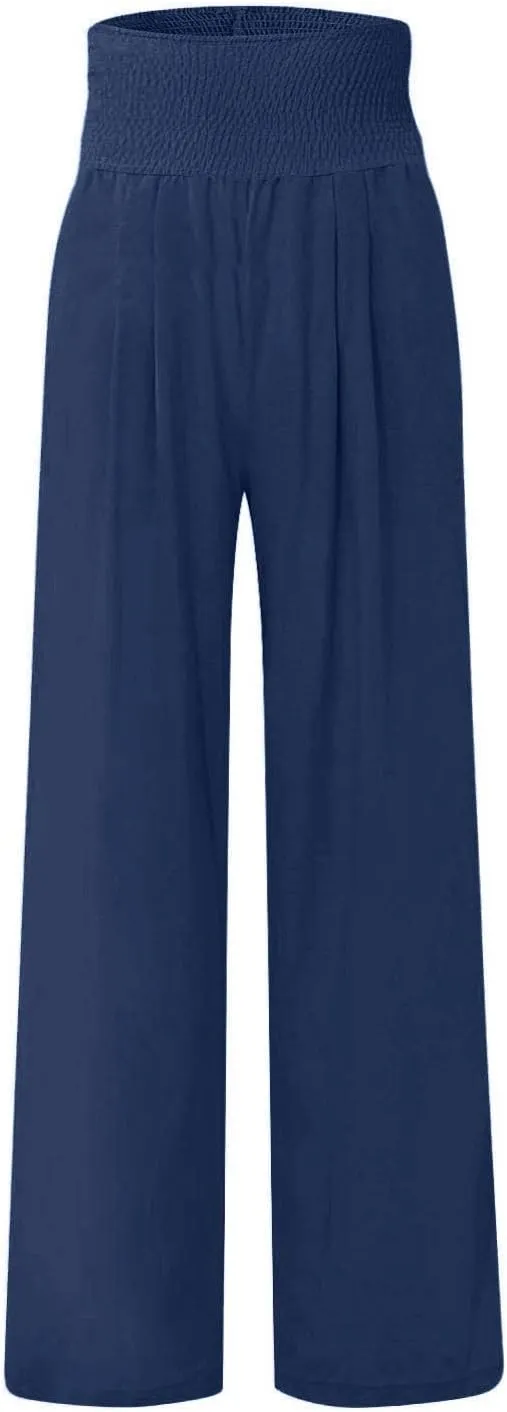 Womens Casual Linen Wide Leg Pants - Flowy Summer Beach Cotton Trousers with Pockets