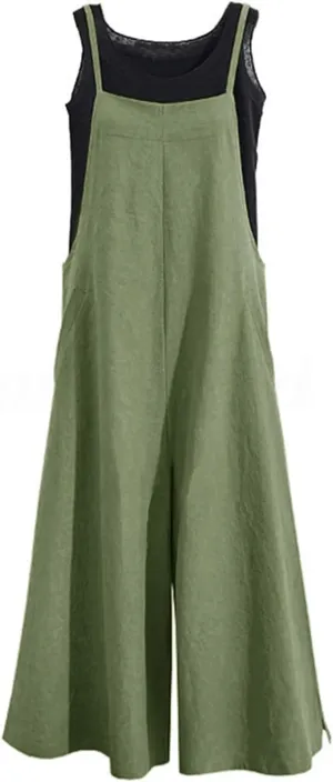 Women's Casual Loose Long Cotton Bib Overalls Baggy Linen Plus Size Jumpsuits Rompers Wide Leg Pants