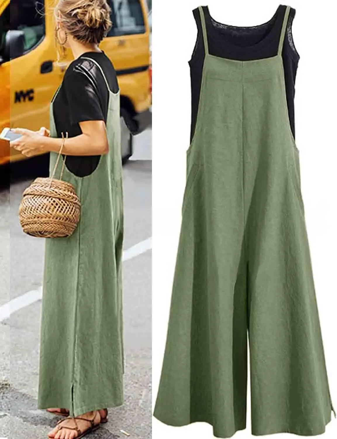 Women's Casual Loose Long Cotton Bib Overalls Baggy Linen Plus Size Jumpsuits Rompers Wide Leg Pants