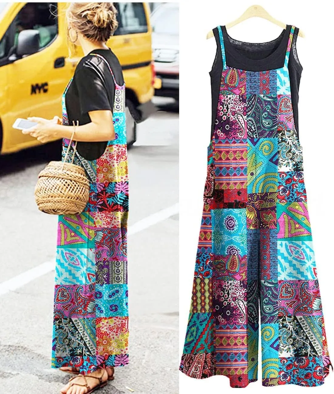 Women's Casual Loose Long Cotton Bib Overalls Baggy Linen Plus Size Jumpsuits Rompers Wide Leg Pants