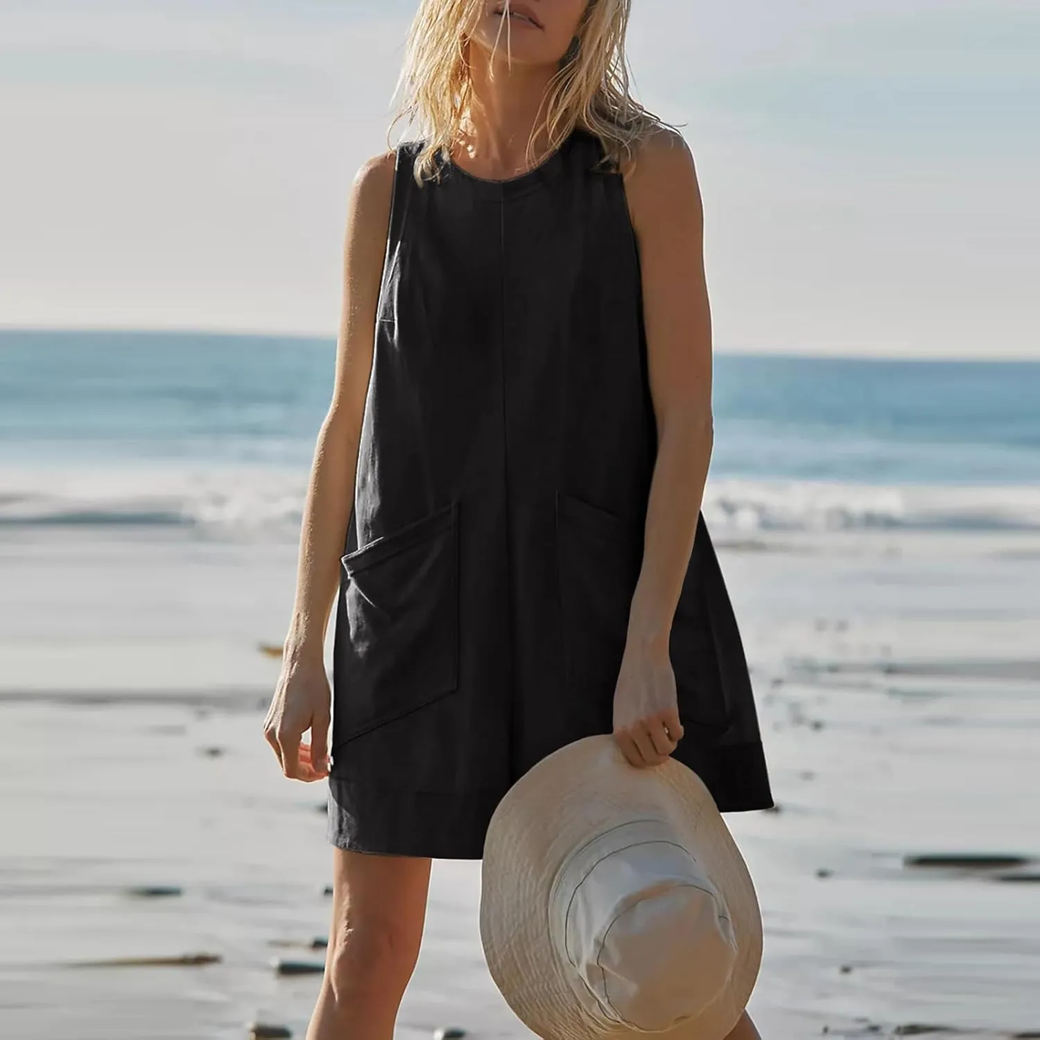 Women's Casual Rompers Summer Linen Jumpsuits Sleeveless Shorts Jumpsuits with Pockets One Piece Loose Overalls