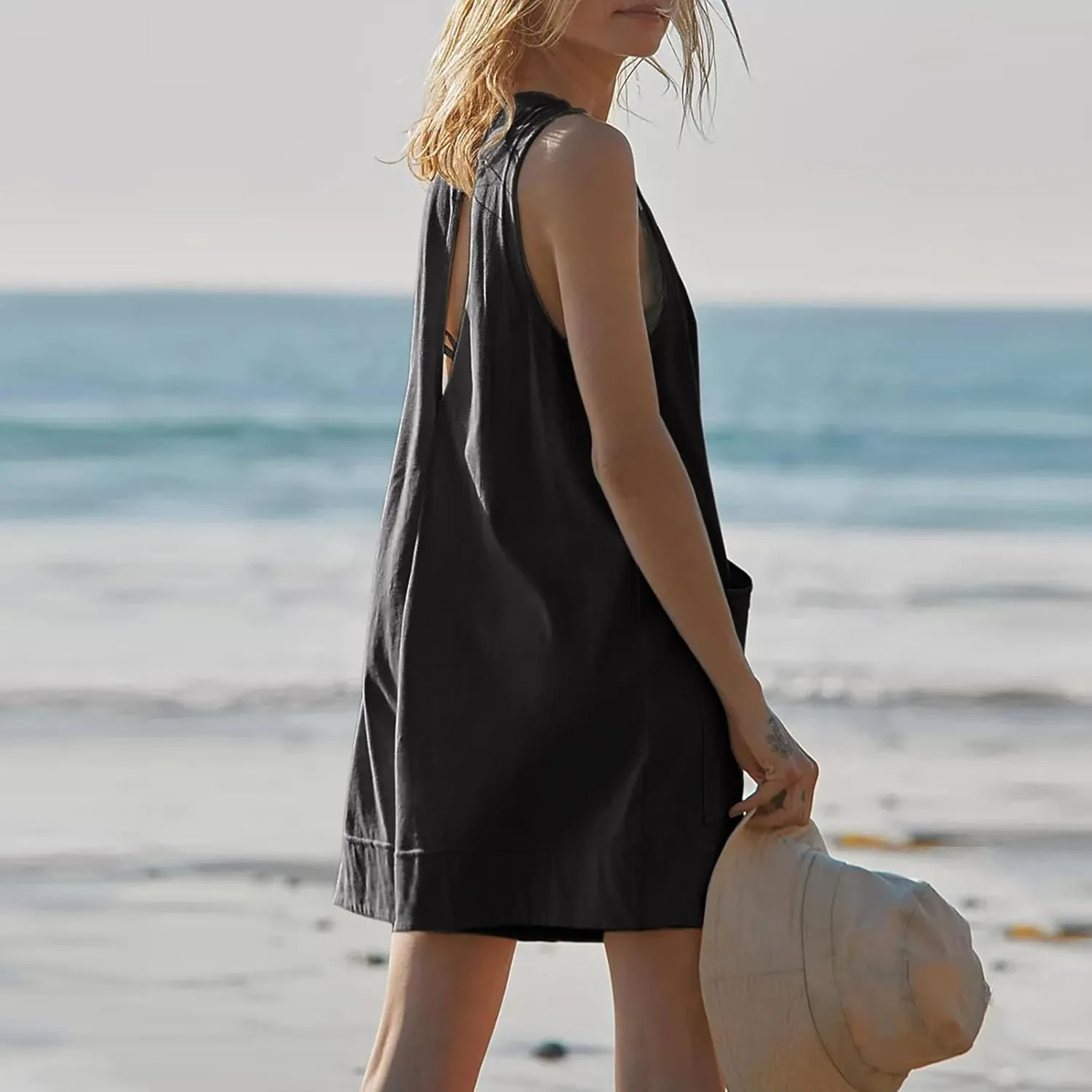 Women's Casual Rompers Summer Linen Jumpsuits Sleeveless Shorts Jumpsuits with Pockets One Piece Loose Overalls