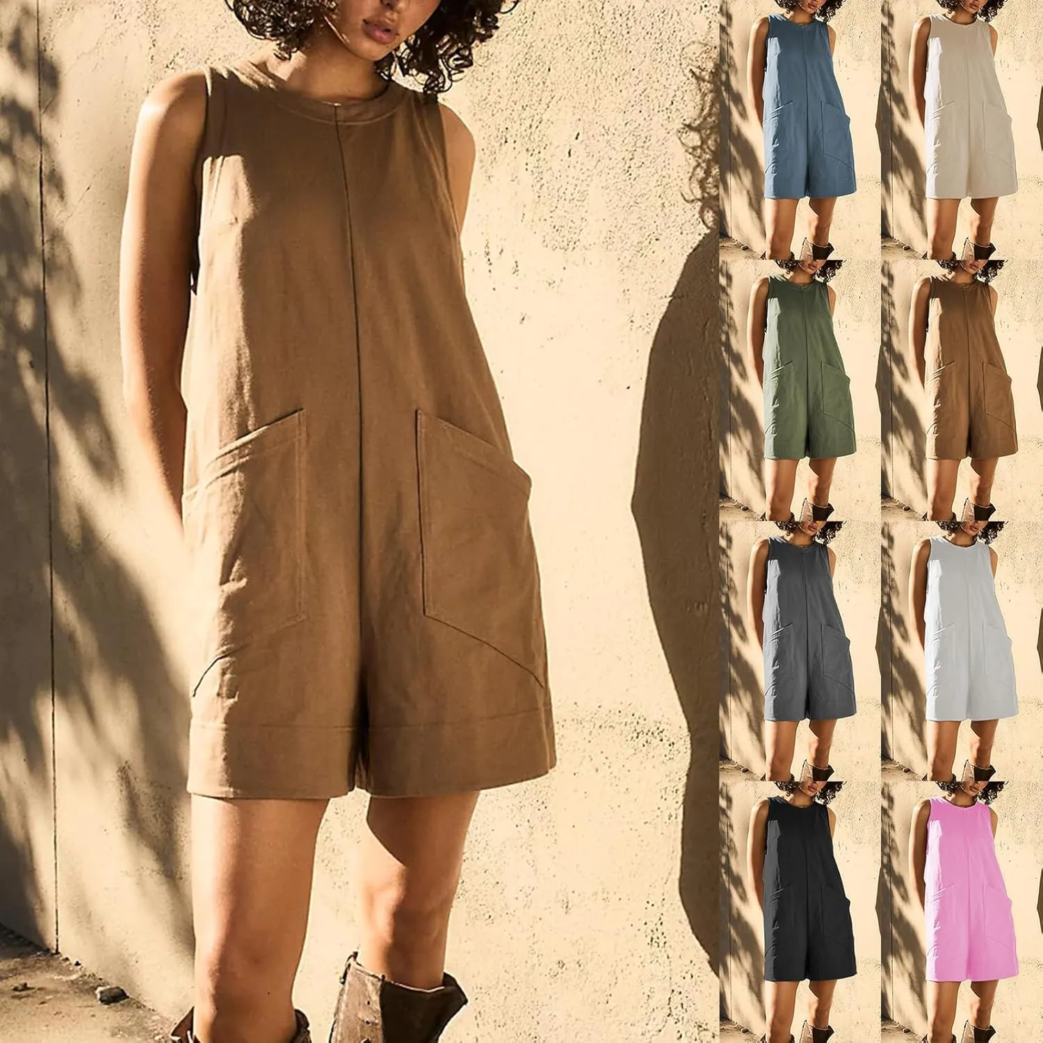 Women's Casual Rompers Summer Linen Jumpsuits Sleeveless Shorts Jumpsuits with Pockets One Piece Loose Overalls