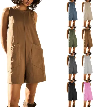 Women's Casual Rompers Summer Linen Jumpsuits Sleeveless Shorts Jumpsuits with Pockets One Piece Loose Overalls