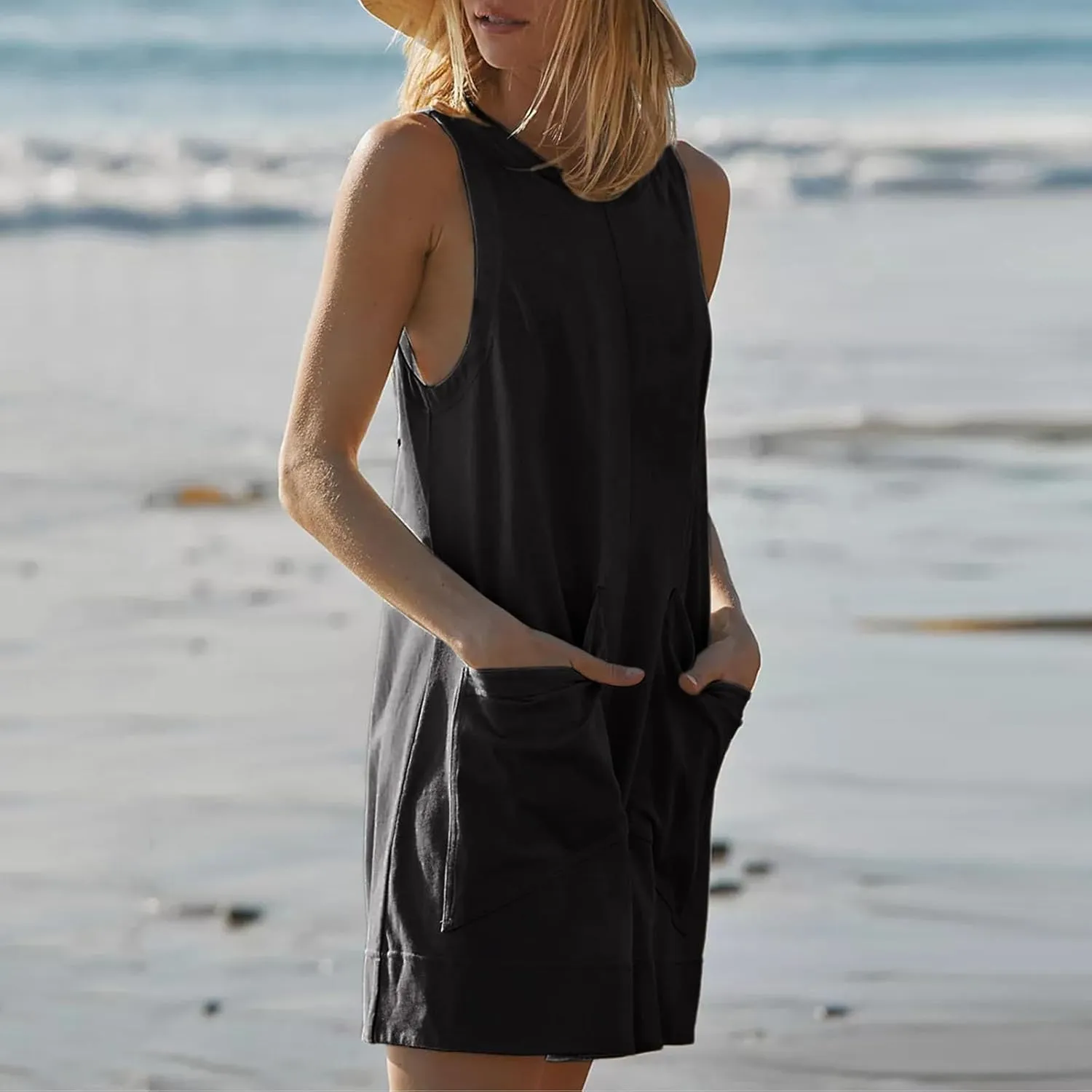 Women's Casual Rompers Summer Linen Jumpsuits Sleeveless Shorts Jumpsuits with Pockets One Piece Loose Overalls