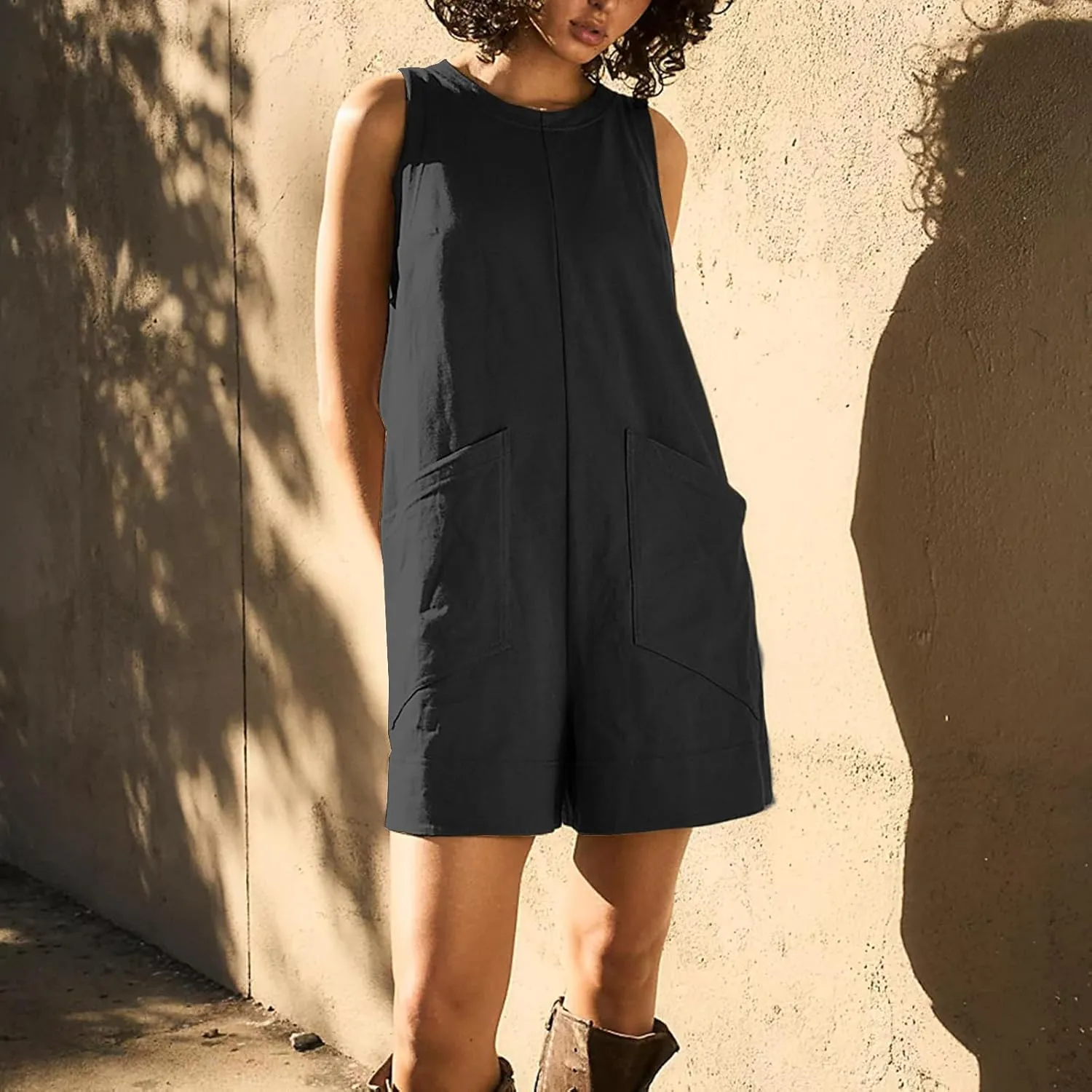 Women's Casual Rompers Summer Linen Jumpsuits Sleeveless Shorts Jumpsuits with Pockets One Piece Loose Overalls