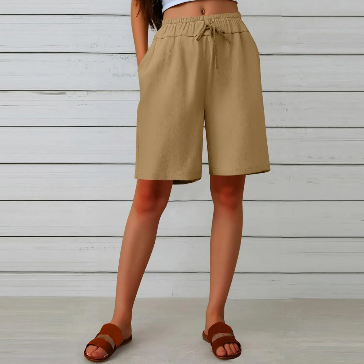 Women's Casual Shorts Elastic Waistband Solid Color Cotton Linen Cargo Short Relaxed Fit Straight Wide Leg Half Pants
