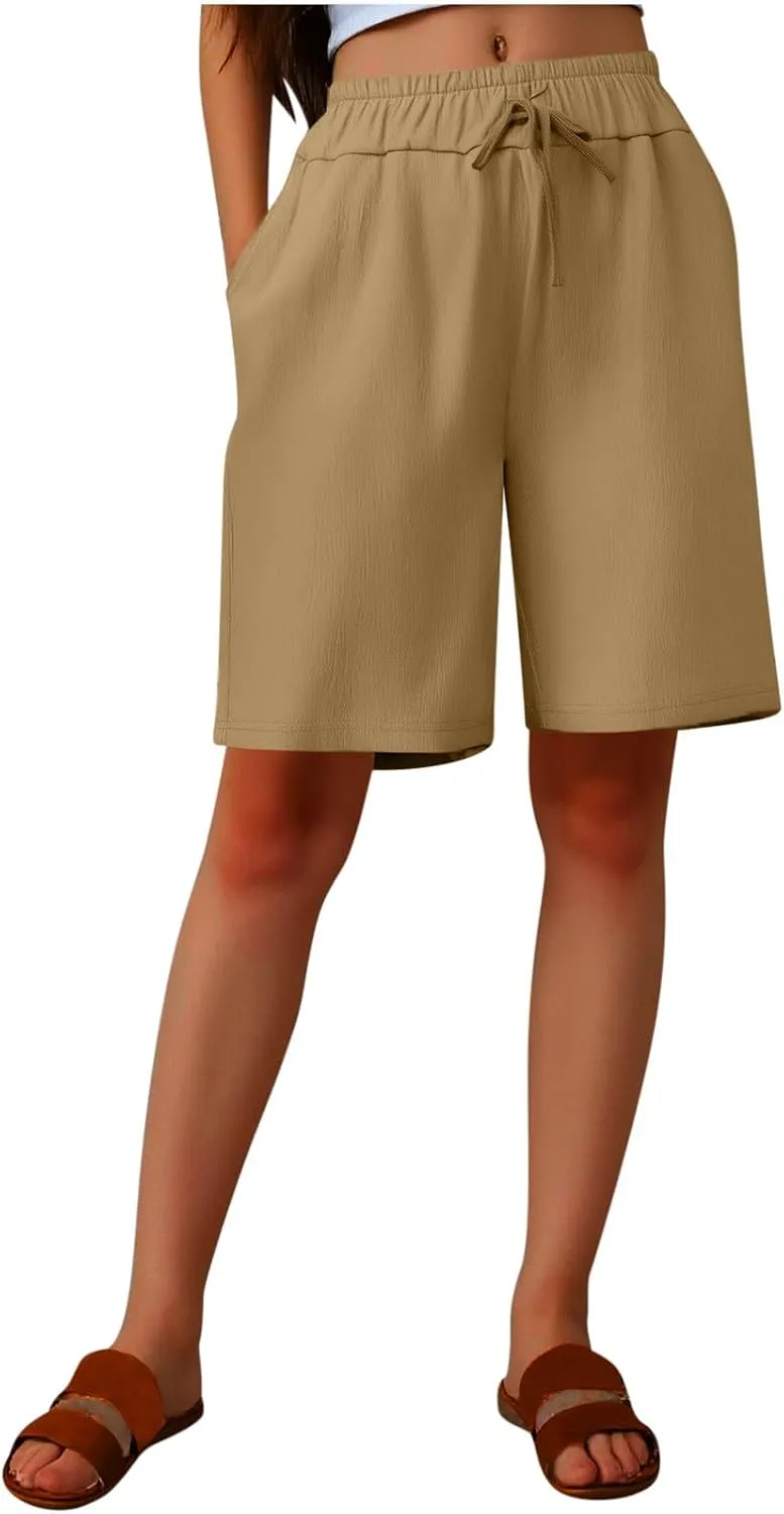 Women's Casual Shorts Elastic Waistband Solid Color Cotton Linen Cargo Short Relaxed Fit Straight Wide Leg Half Pants