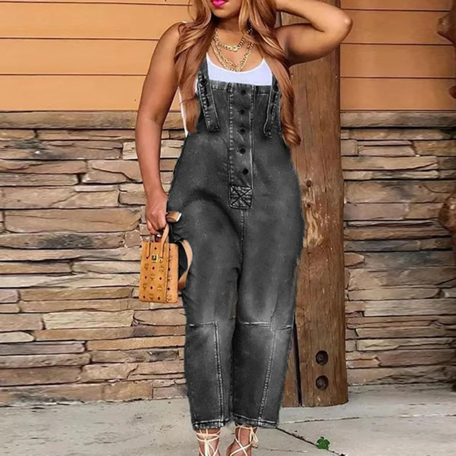 Women's Casual Stretch Adjustable Strap Denim Overalls Vintage Sleeveless Button Loose Jeans Pants Jumpsuits Rompers
