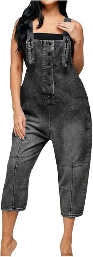 Women's Casual Stretch Adjustable Strap Denim Overalls Vintage Sleeveless Button Loose Jeans Pants Jumpsuits Rompers