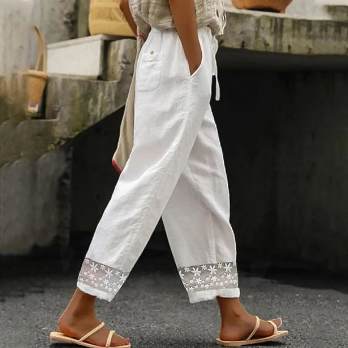 Women's Casual White Linen Pants Out Floral Lace Crochet Hem Pants Elastic Waist Loose Summer Beach Pants with Pockets