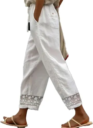 Women's Casual White Linen Pants Out Floral Lace Crochet Hem Pants Elastic Waist Loose Summer Beach Pants with Pockets