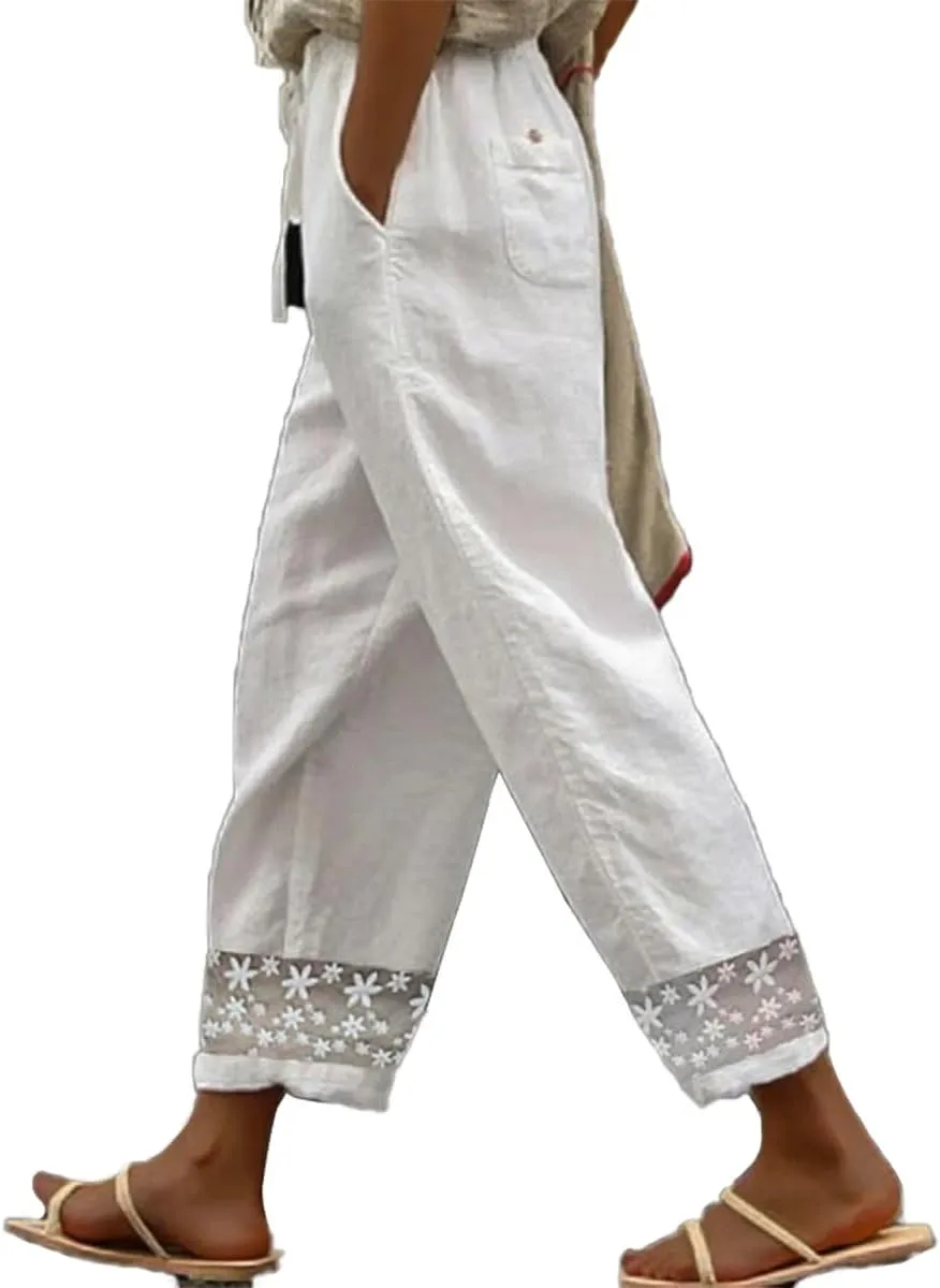 Women's Casual White Linen Pants Out Floral Lace Crochet Hem Pants Elastic Waist Loose Summer Beach Pants with Pockets