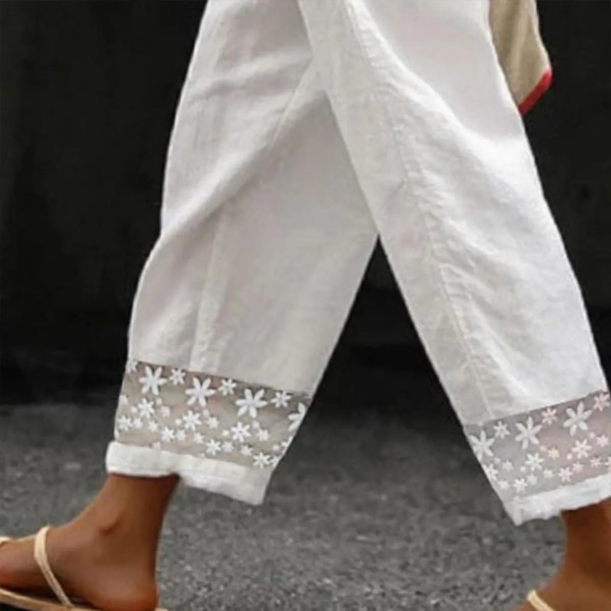 Women's Casual White Linen Pants Out Floral Lace Crochet Hem Pants Elastic Waist Loose Summer Beach Pants with Pockets