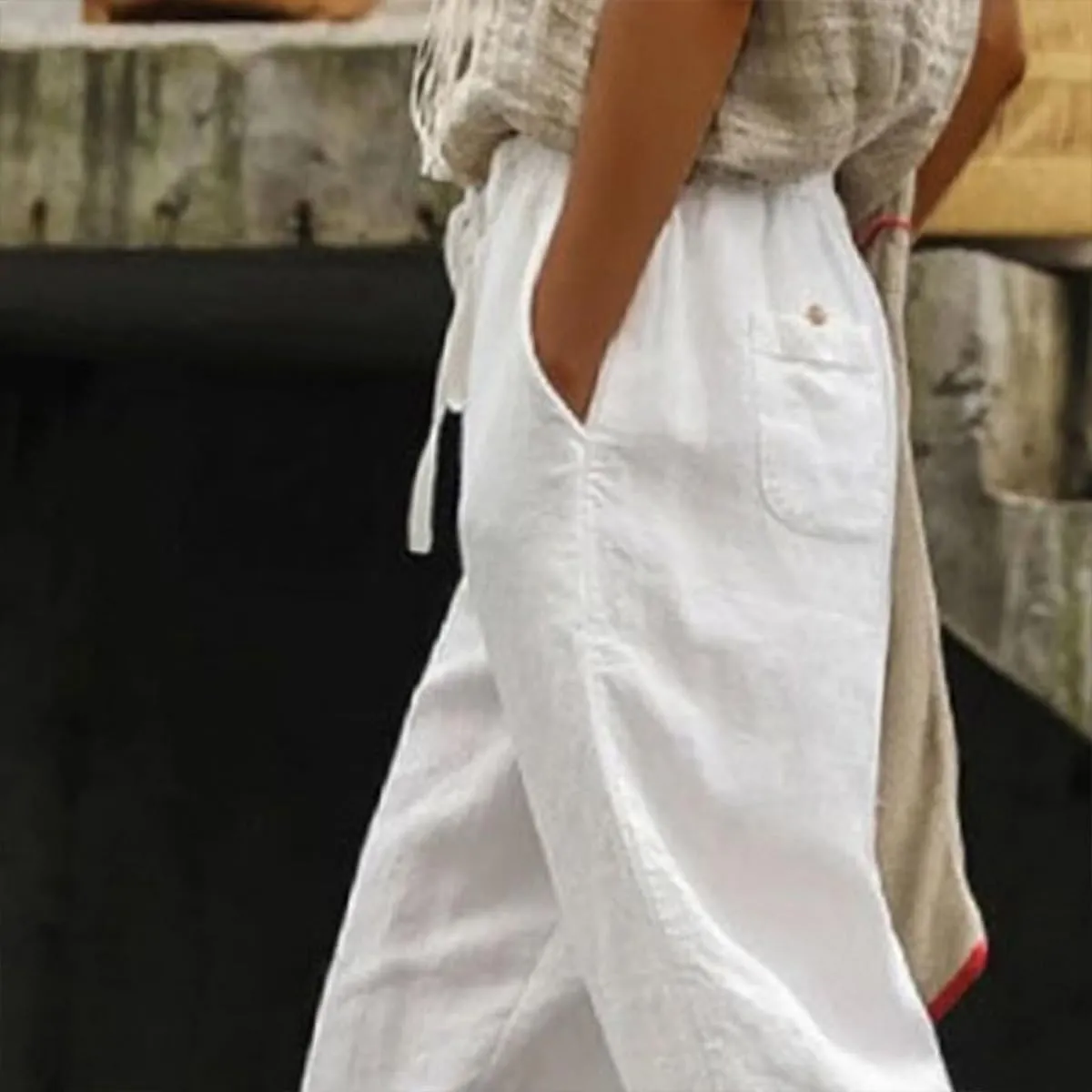 Women's Casual White Linen Pants Out Floral Lace Crochet Hem Pants Elastic Waist Loose Summer Beach Pants with Pockets