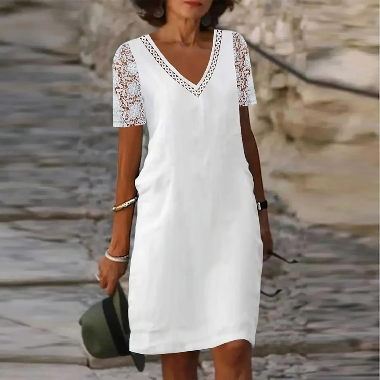 Women's Chic 2025 Summer Dress Short Sleeve V Neck Lace - Trimmed Refined Shift Mini Dresses for Casual Office Days