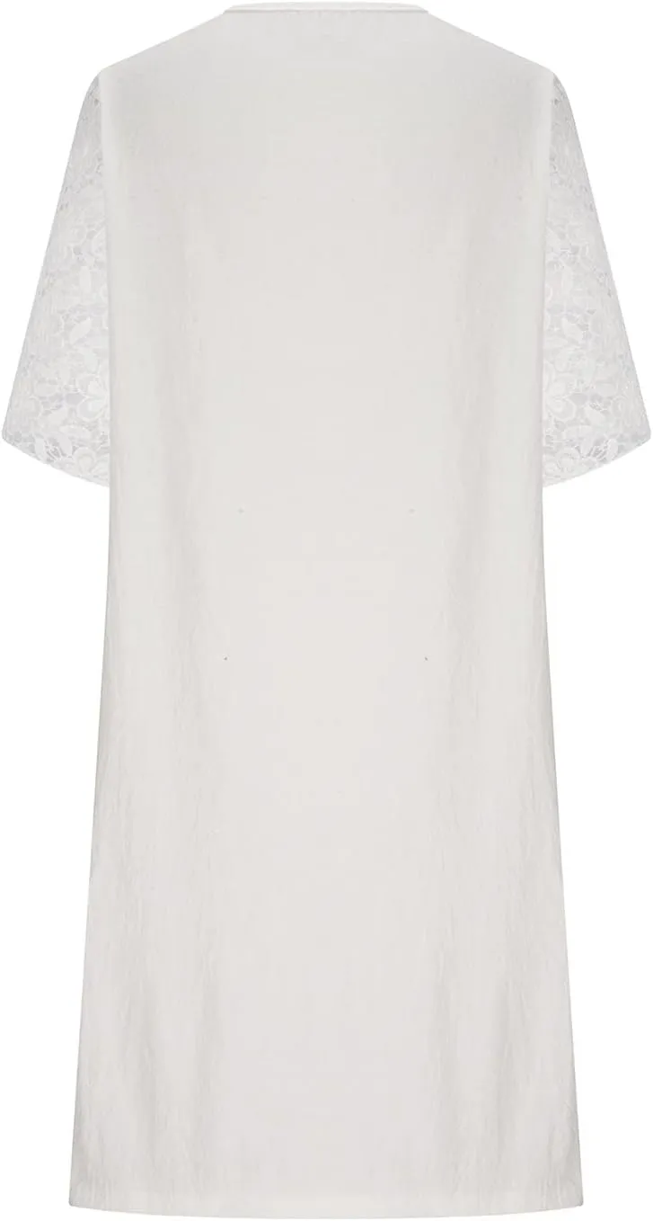Women's Chic 2025 Summer Dress Short Sleeve V Neck Lace - Trimmed Refined Shift Mini Dresses for Casual Office Days